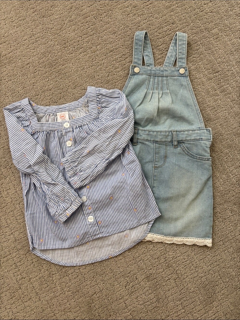 Light Blue Denim Overall Dress with Blue & White floral Striped Top